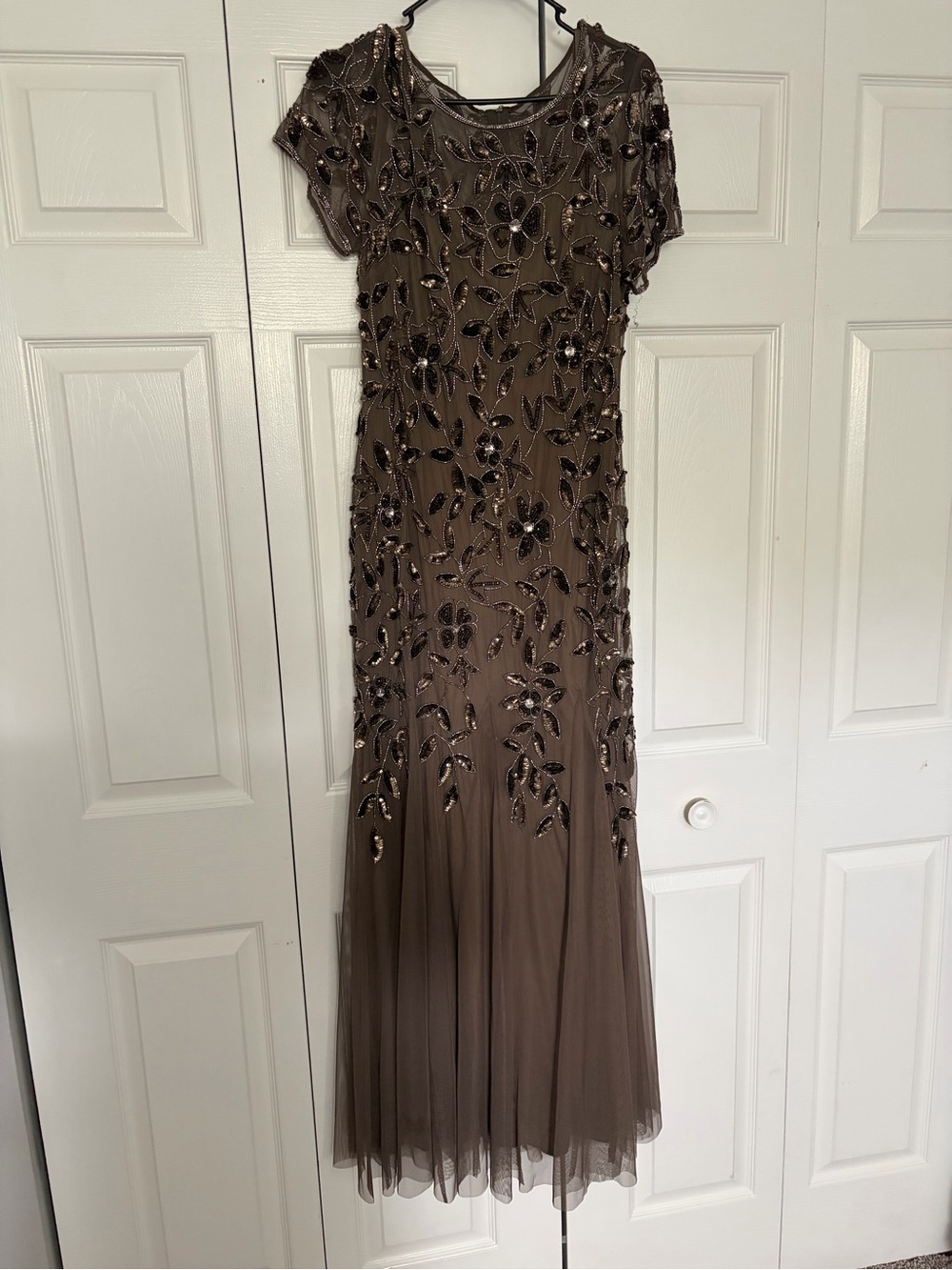 Adrianna Papell Brown Sequined Floral Maxi Dress